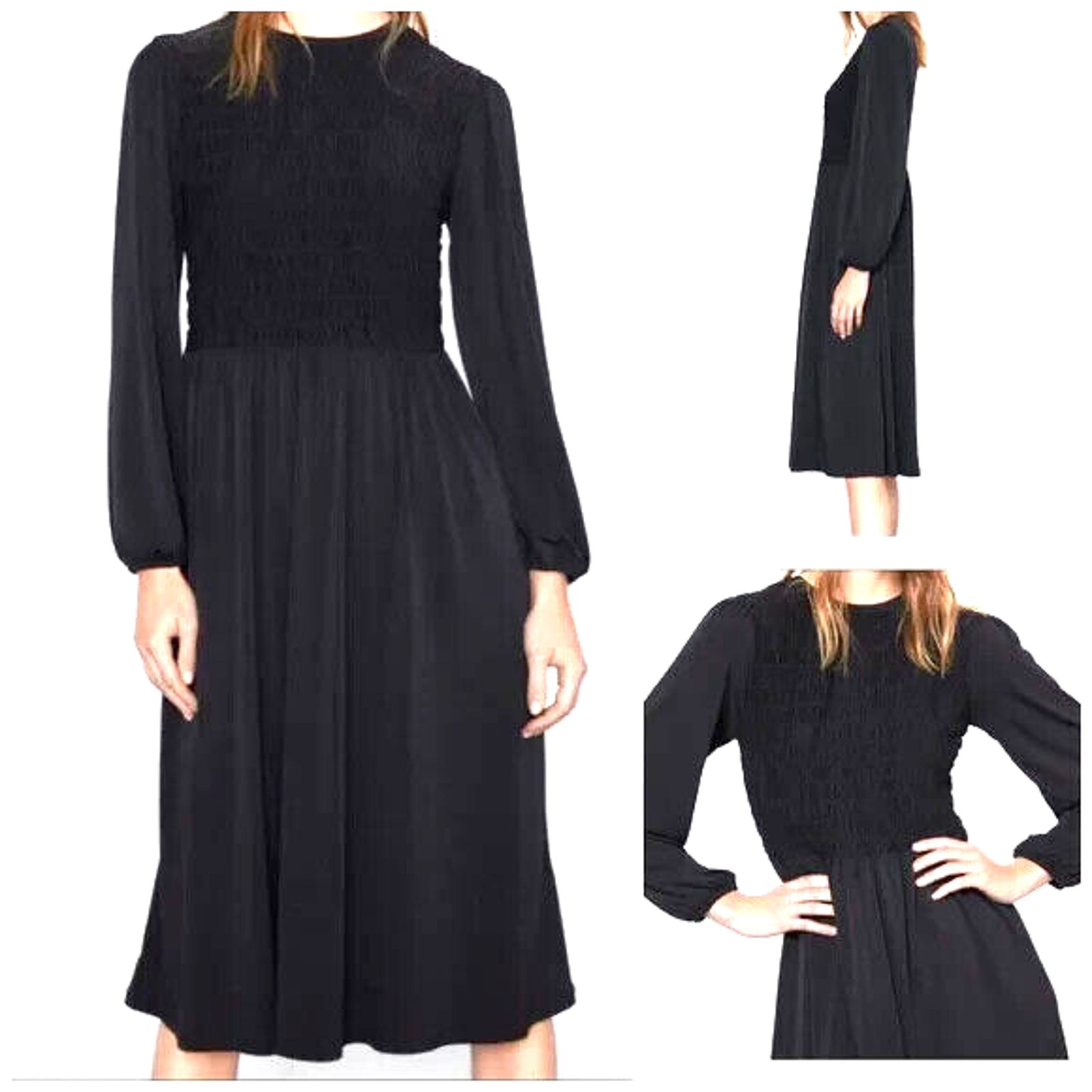 Zara Dress Womens Small Black Smocked Puff Sleeve Midi Boho Whimsigoth Party